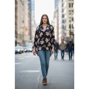 Lane Bryant Relaxed Adjustable-Sleeve Button-Down Tunic Floral Size 26/28